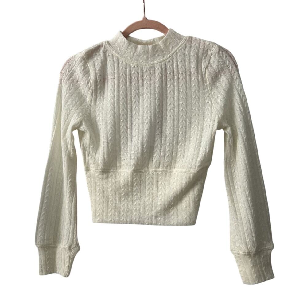 NWT B.O G. Cropped Crew Neck Balloon Sleeves Cable Stitch Ivory Sweater-Small - Picture 2 of 10